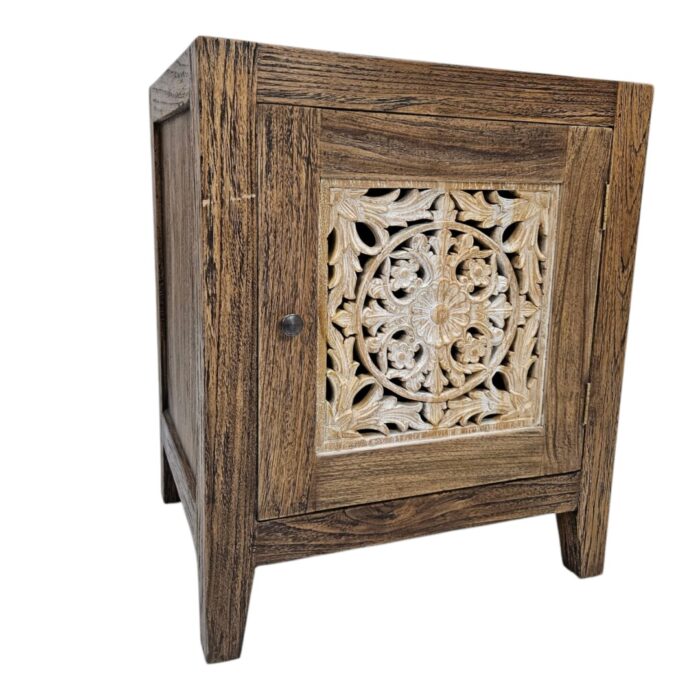 Mandala Teak Bedside Pedstal Front Right Side