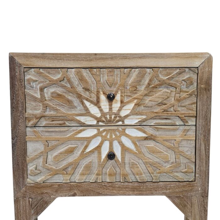 Soleil Carved Teak Bedside Pedestal Main Close Front