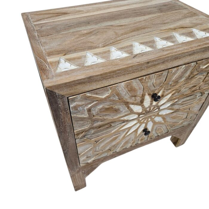 Soleil Carved Teak Bedside Pedestal Main Close Up