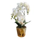 Faux White Orchid In Gold Pot Close Side