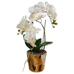 Faux White Orchid In Golden Pot