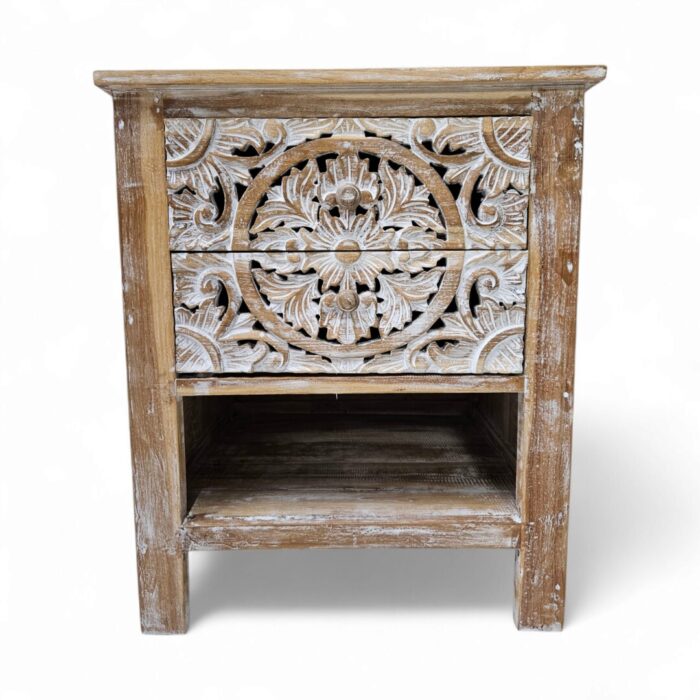 Mandala Carved Teak Bedside Pedestal MAD5000 MAin