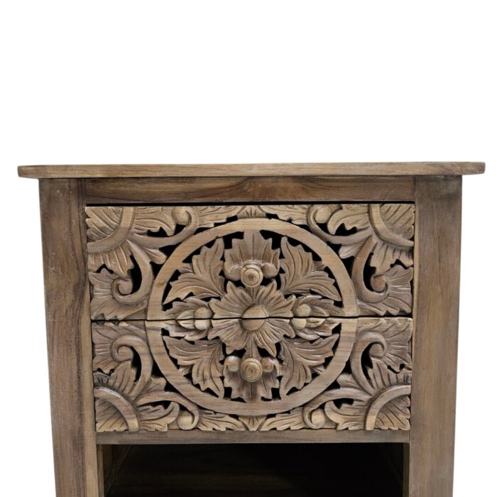 Mandala Carved Teak Bedside Pedestal MAD5001 Close Up