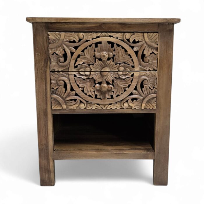 Mandala Carved Teak Bedside Pedestal MAD5001 Main