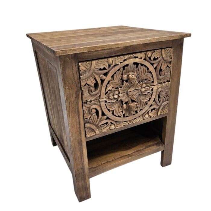 Mandala Carved Teak Bedside Pedestal MAD5001 Side