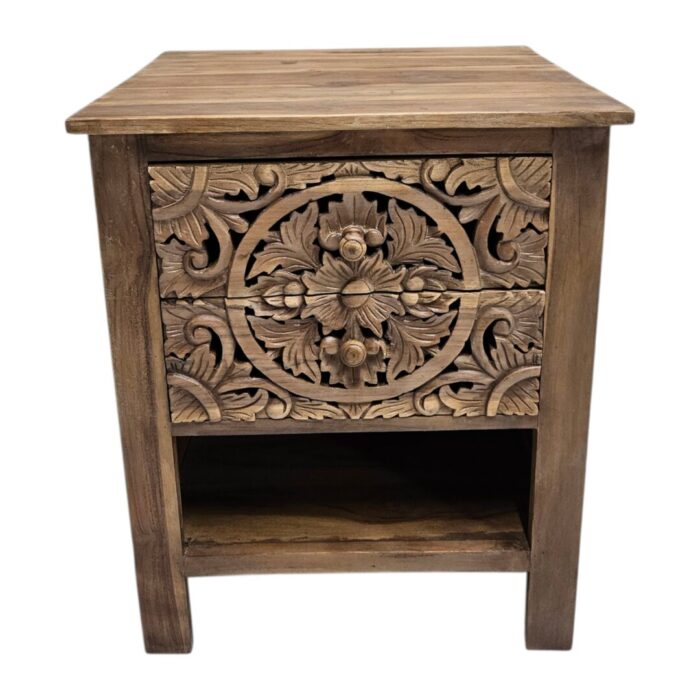 Mandala Carved Teak Bedside Pedestal MAD5001 Top View