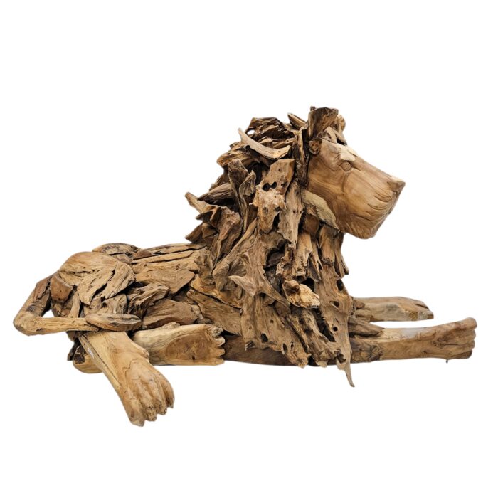 Teak Resting Lion Sculpture Main Side