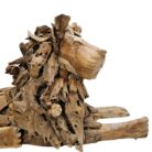 Teak Resting Lion Sculpture Side Front