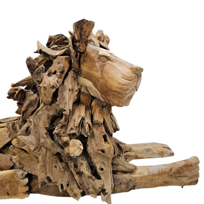 Teak Resting Lion Sculpture Side Front