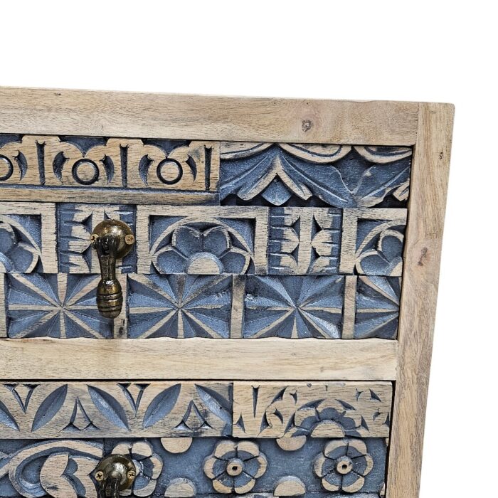 Lazuli Carved Bedside Pedestal Front KMF22086 Close Lazuli Carved Bedside Pedestal Front KMF22086 Close