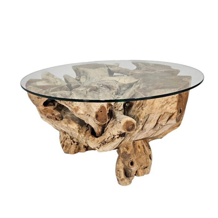 Erosi Round Root Coffee Table Front INJ3400A23 Front round teak root coffee table with glass top