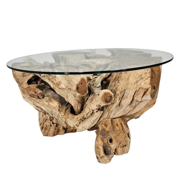 Erosi Round Root Coffee Table Front INJ3400A23 Side rustic teak root coffee table