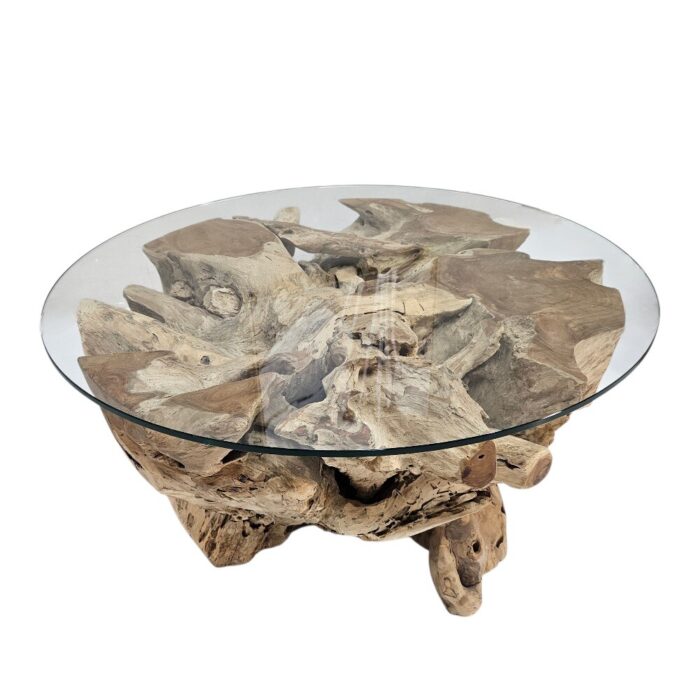 Erosi Round Root Coffee Table Front INJ3400A23 Top rustic teak root coffee table