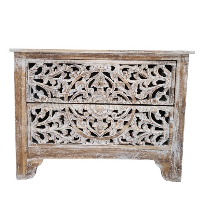 Mandala Teak Chest 2 Drawer Teak White Wash MAD3022 Front solid teak bedside chest
