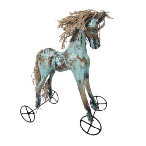 Carved Wooden Horse On Wheels (Green)