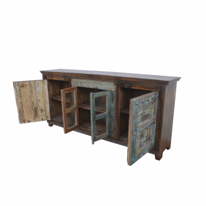 Wooden And Blue Indian Sideboard KMF14111 Open Doors