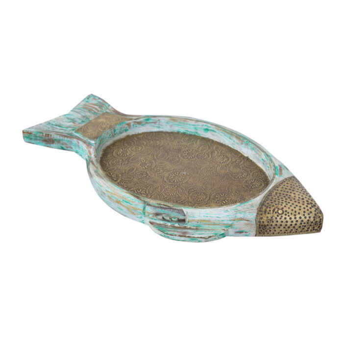 Wooden Brass Fitted Fish Shaped Tray KMH11200B Side Top View