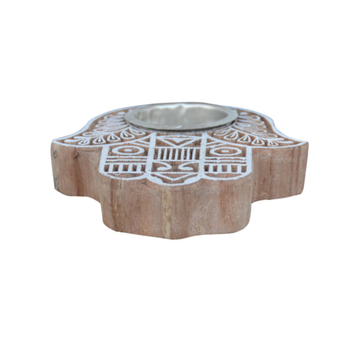 Wooden T Lite Candle Holder Hand KMH8460 Close Up Front