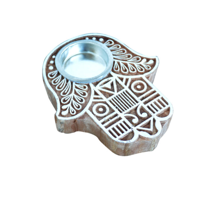 Wooden T Lite Candle Holder Hand KMH8460 Close Up Top