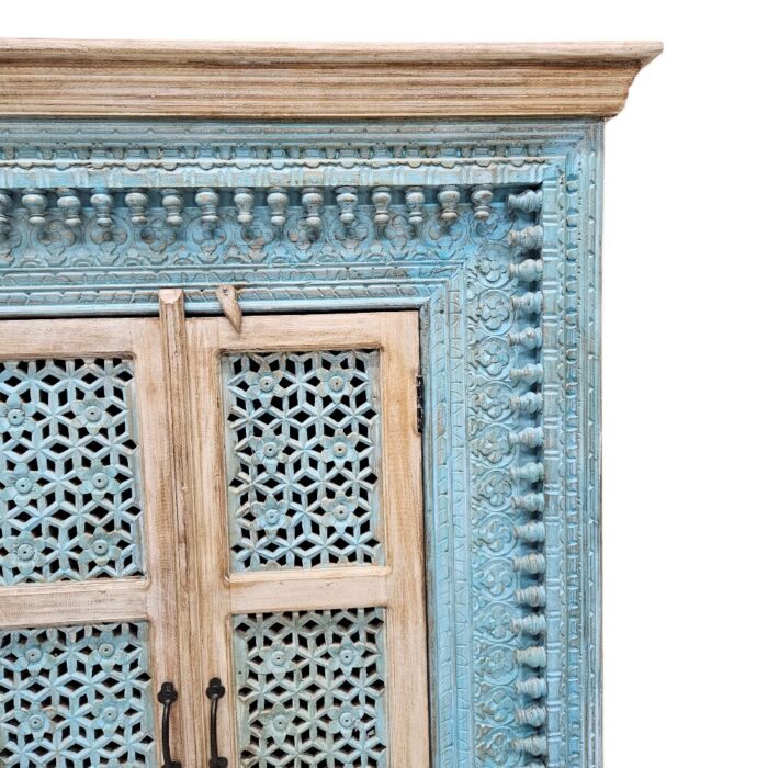 Carved Blue And Cream Cupboard KMF18316 Close Carved Blue And Cream Cupboard KMF18316 Close