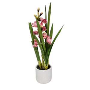Cymbidium Faux Orchid in Speckled White Pot