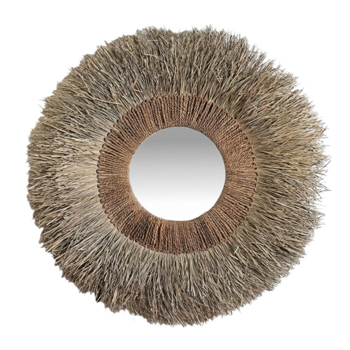 Reflecta Round Grass Frame Mirror — front view of 130cm diameter round wall mirror with grass-wrapped natural-fibre frame Reflecta Round Grass Frame Mirror — front view of 130cm diameter round wall mirror with grass-wrapped natural-fibre frame