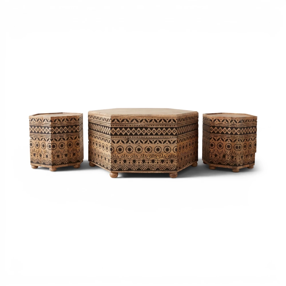 Wooden Coffee Table with 2 Stools