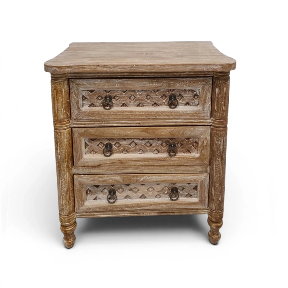 Mabel 3-Drawer Bedside, Teak Whitewash