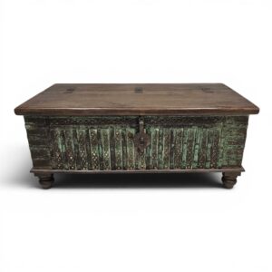 Pitara Antique Wooden Coffee Table Trunk Distressed Mint Green