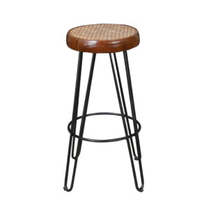 Boone Woven Rattan & Leather Bar Stool