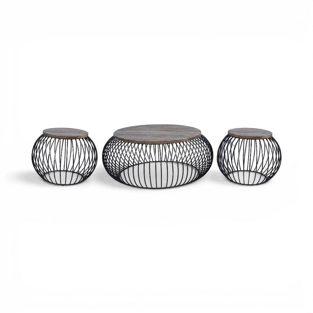 Iron & Mango Wood-Top Coffee Table Set