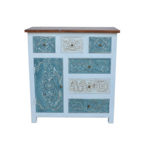 Distressed White & Blue Side Cabinet