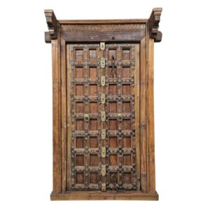 Vintage Carved Indian Door with Antique Brass Detailing
