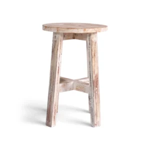 Whitewashed Round Teak Wood Stool