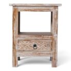 Rustic carved whitewashed teak bedside pedestal with open cubby and drawer