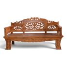 Hand-carved teak openwork bench with floral fretwork backrest