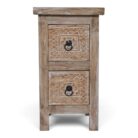 Carved teak tall side table with 2 drawers in whitewashed finish, front view