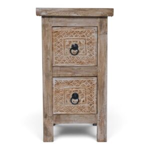 Carved Teak 2-Drawer Tall Side Table
