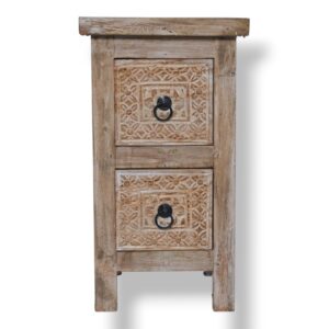 Carved Teak 2-Drawer Tall Side Table