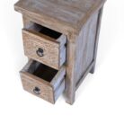 Whitewashed teak side table with carved floral drawers open