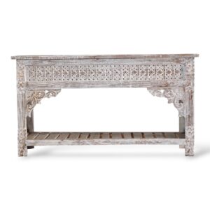 Whitewashed Carved Teak Console Table