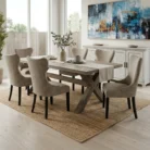 Weathered x-leg timber dining table styled with chairs in a dining room