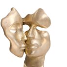 Brass kissing masks sculpture on pedestal, front view, photo 3