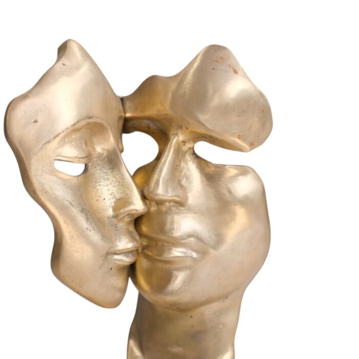 Kissing Masks Statue GOL0260 Close16x12x24_2.70gr Brass kissing masks sculpture on pedestal, front view, photo 3