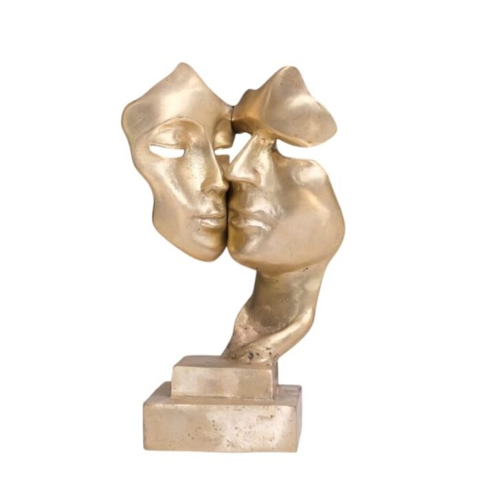 Kissing Masks Statue GOL0260 Main16x12x24_2.70gr Brass kissing masks sculpture on pedestal, front view