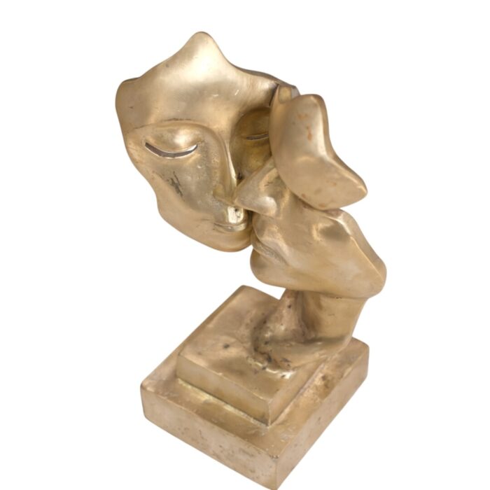 Kissing Masks Statue GOL0260 Side16x12x24_2.70gr Brass kissing masks sculpture on pedestal, front view, photo 4