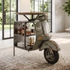 Vintage scooter round wood bar table styled with bottles