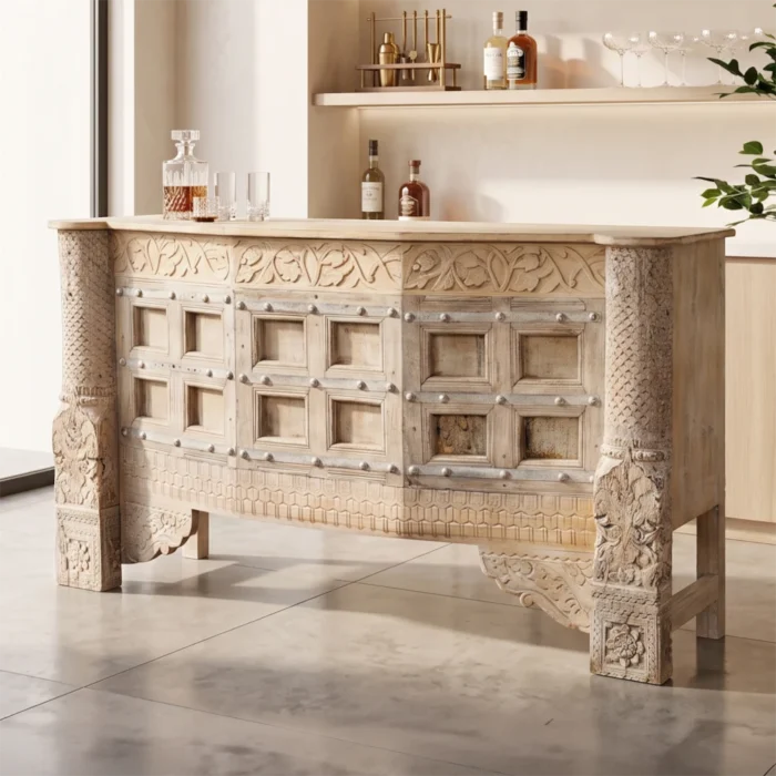 MCB3595C Mood Auden carved wooden bar counter styled in a home bar