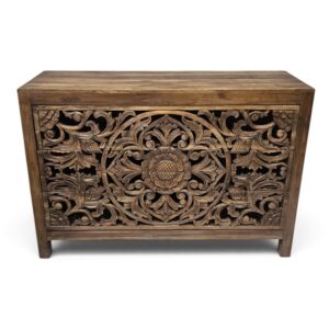 Mandala Hand-Carved Brown Wood 3-Drawer Chest