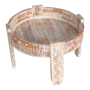 Whitewashed Carved Teak Wood Mini Coffee Table